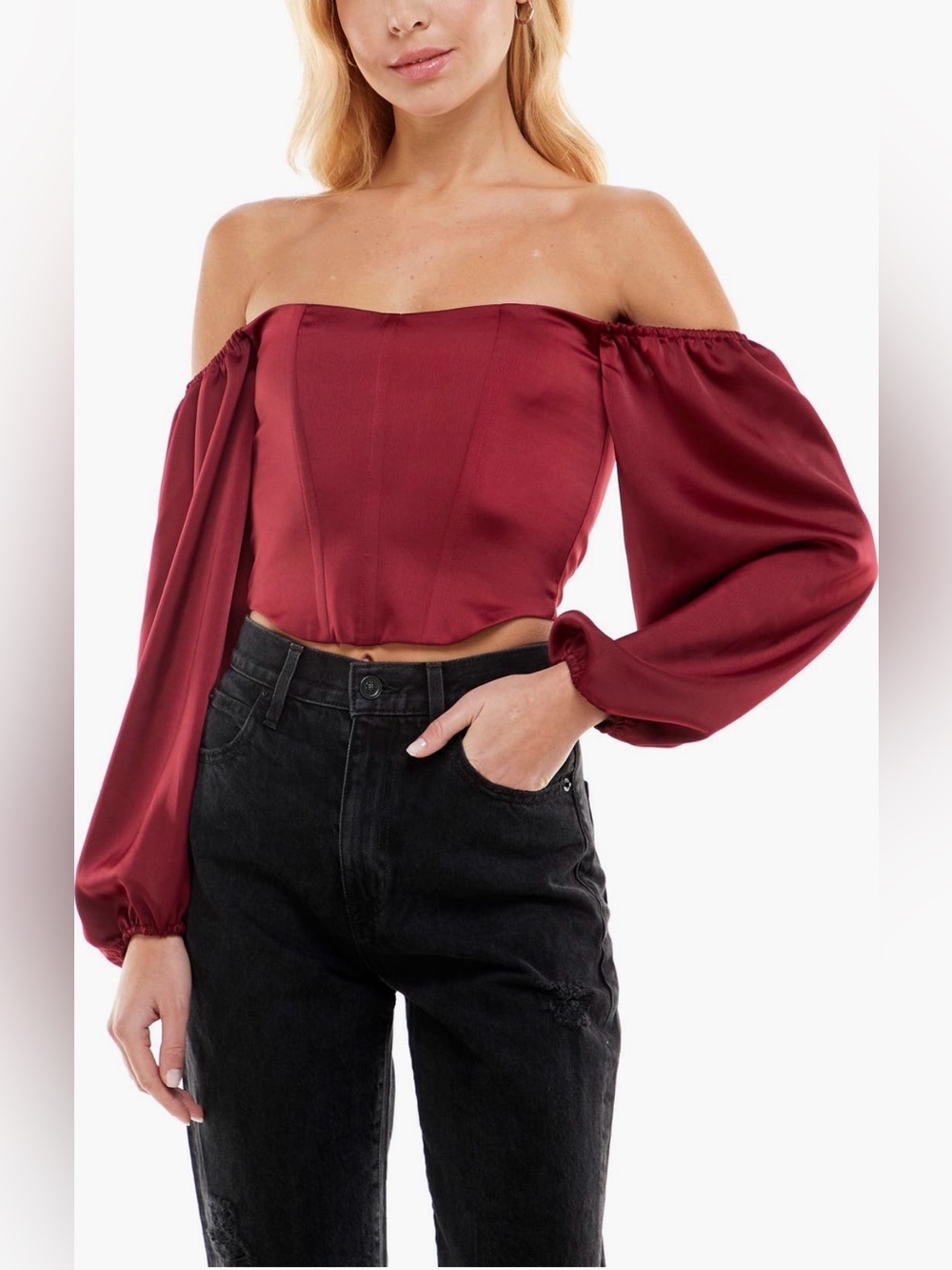 WAYF Nightcap Off the Shoulder Bustier Top Puff Sleeves Burgundy X-Small